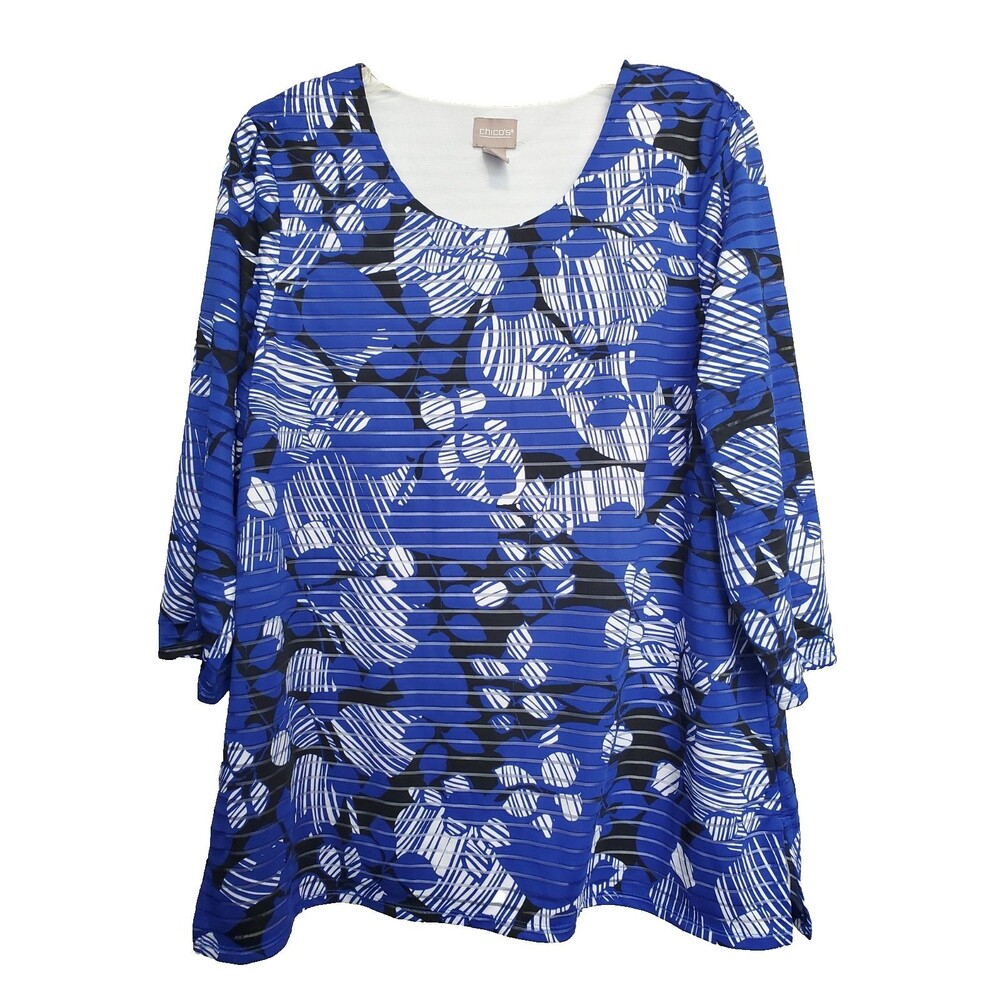 Chico's Blue Striped Spring Leaves Scoop Neck 3/4 Sleeve Tunic Size 3 (XL)